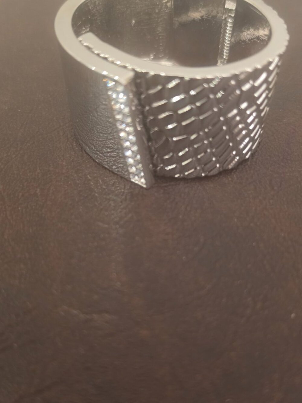 Guess Rose Silver Texture Animal Print Hinge Crystal Cuff Wide Bangle